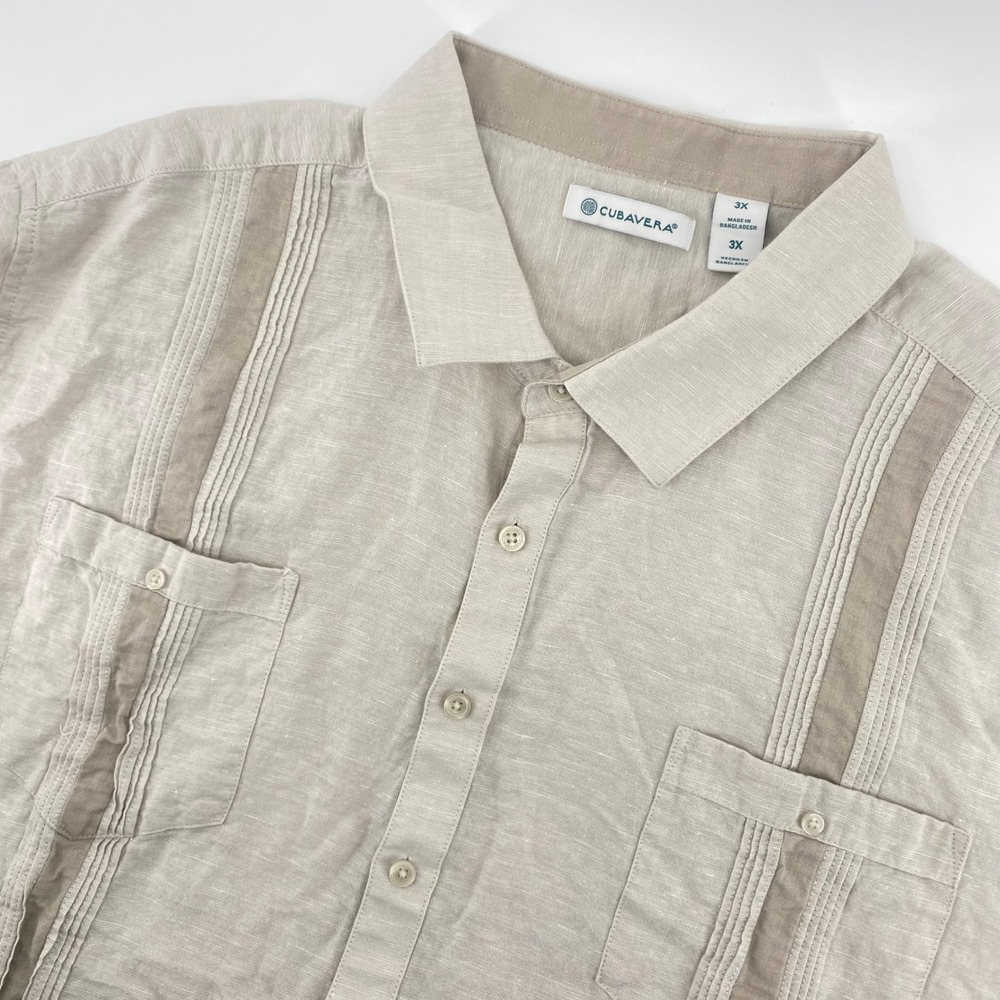 Cubavera Guayabera Shirt Men 3X Beige Linen Blend Pintuck Short Sleeve Button Up